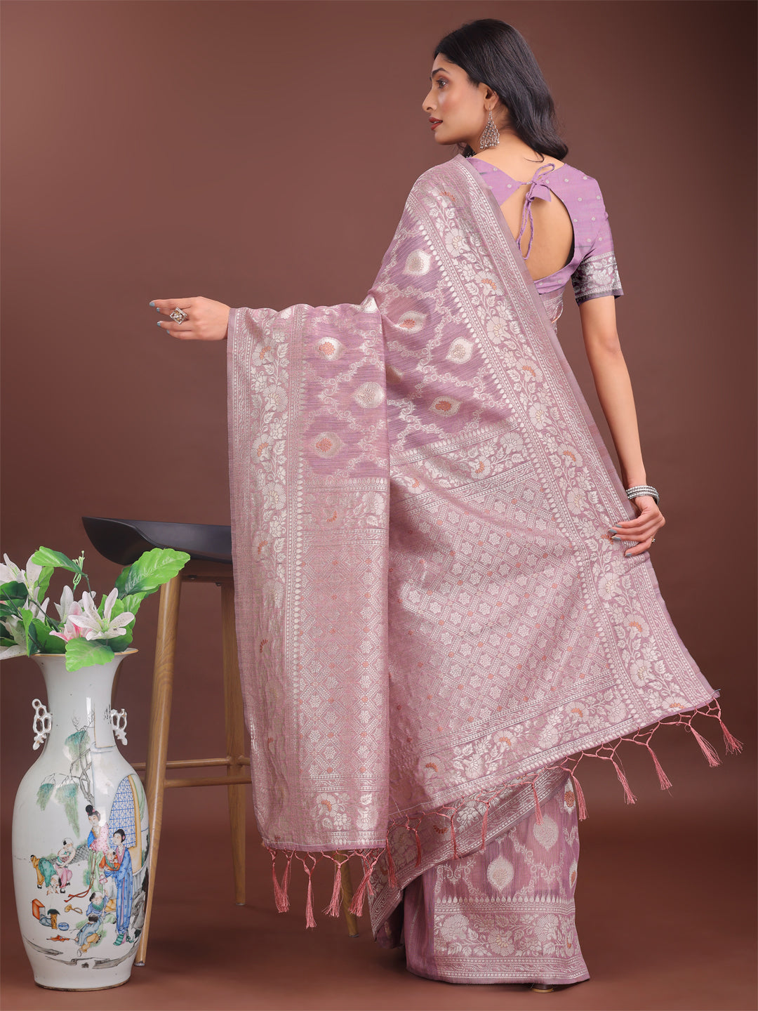 Astita Elegant Purple Linen Cotton Saree with Silver Zari – Perfect Blend of Comfort & Charm