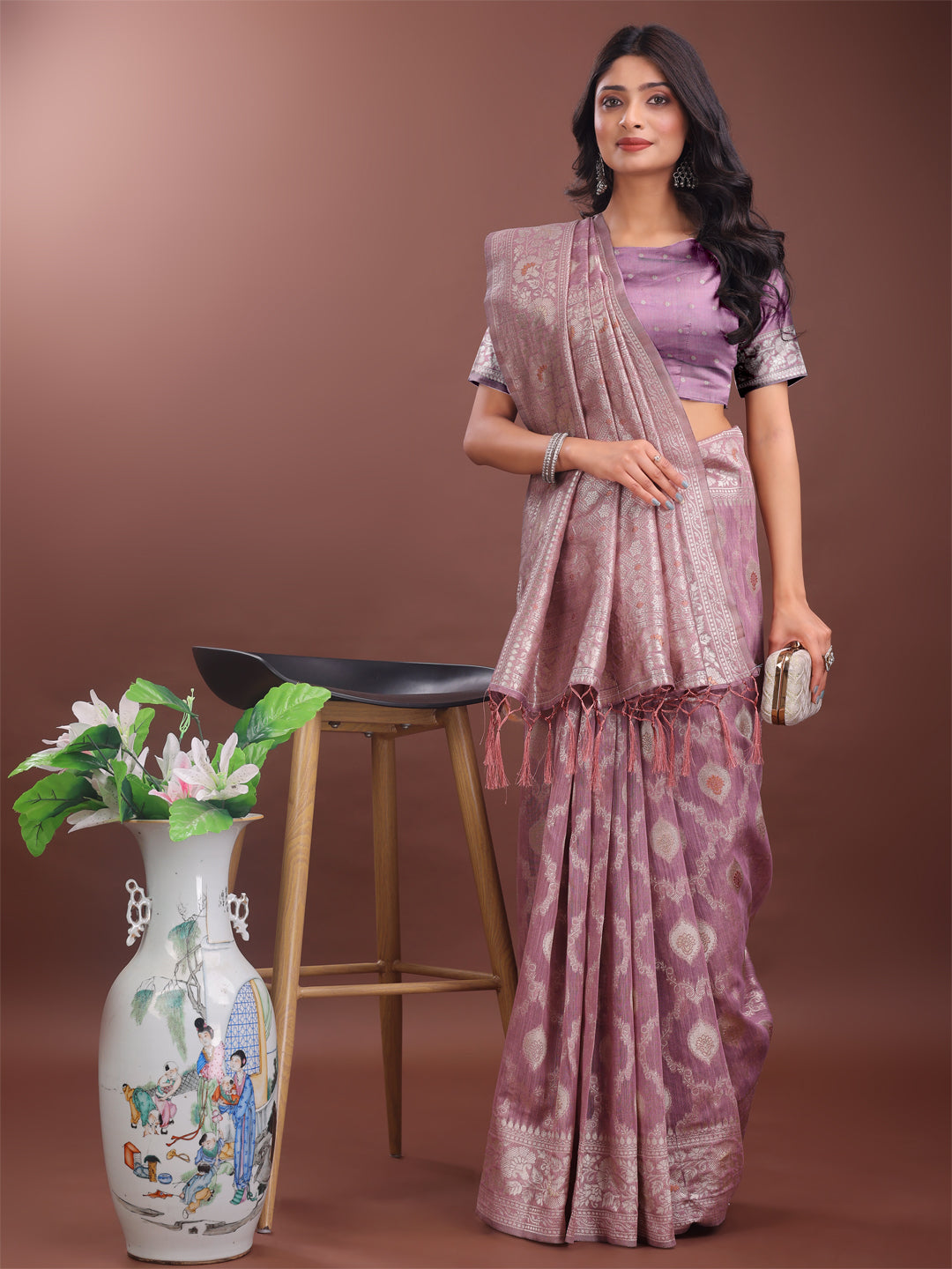 Astita Elegant Purple Linen Cotton Saree with Silver Zari – Perfect Blend of Comfort & Charm