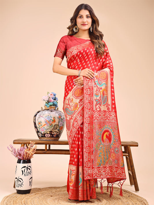 Majestic Red Linen Cotton Saree with Royal Peacock Pallu – A Celebration of Heritage and Grace