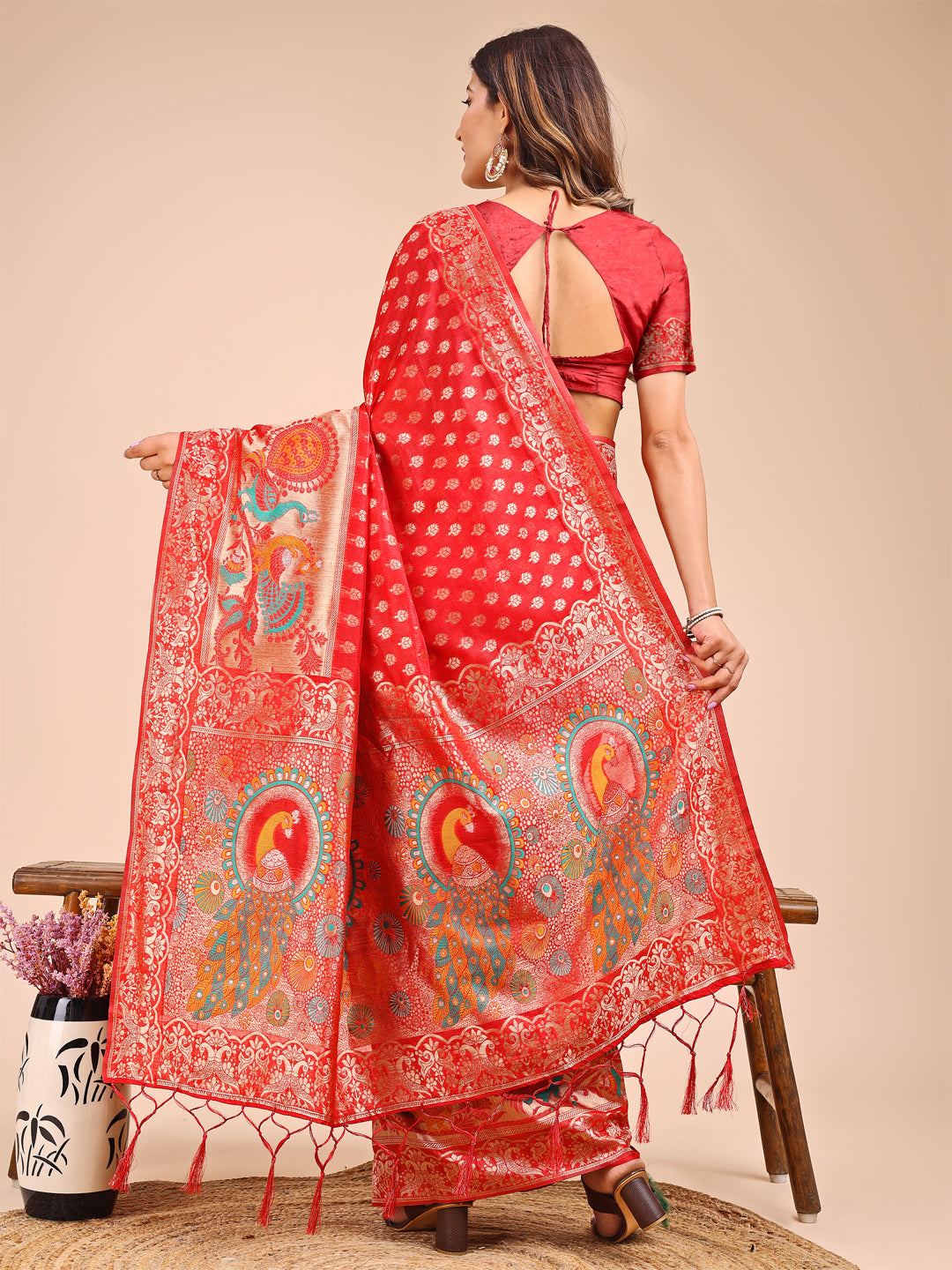 Majestic Red Linen Cotton Saree with Royal Peacock Pallu – A Celebration of Heritage and Grace