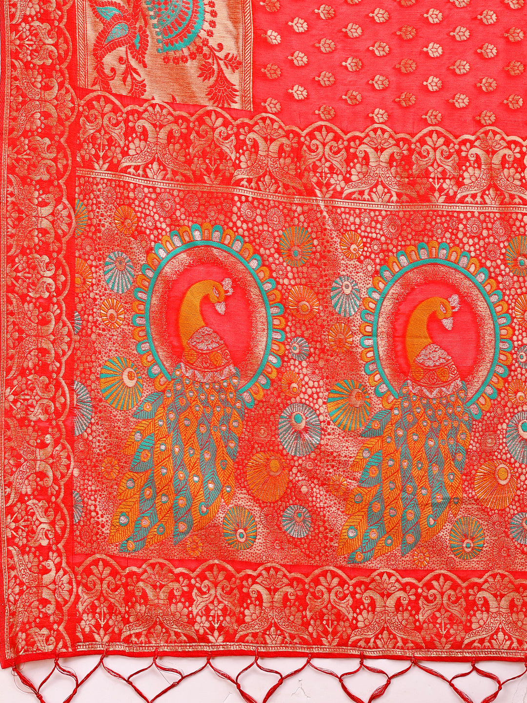 Majestic Red Linen Cotton Saree with Royal Peacock Pallu – A Celebration of Heritage and Grace
