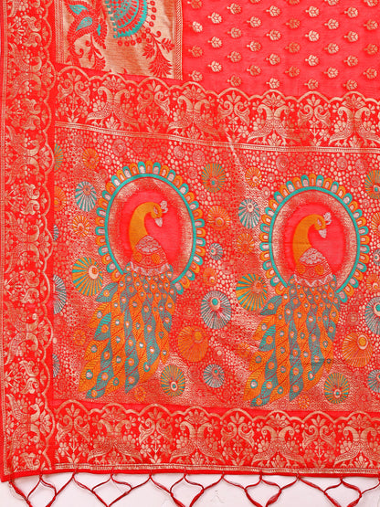 Majestic Red Linen Cotton Saree with Royal Peacock Pallu – A Celebration of Heritage and Grace
