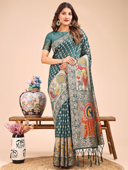Majestic Green Linen Cotton Saree with Royal Peacock Pallu – A Celebration of Heritage and Grace
