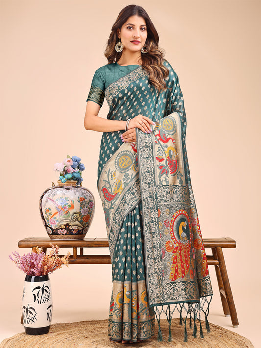 Majestic Green Linen Cotton Saree with Royal Peacock Pallu – A Celebration of Heritage and Grace