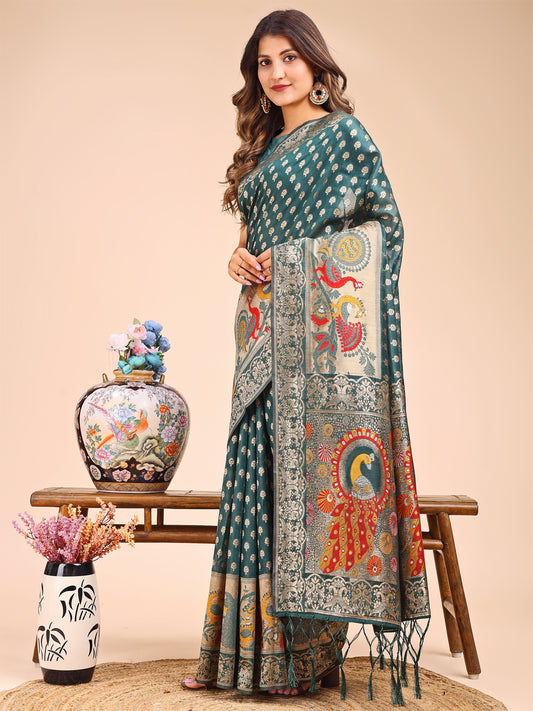 Majestic Green Linen Cotton Saree with Royal Peacock Pallu – A Celebration of Heritage and Grace