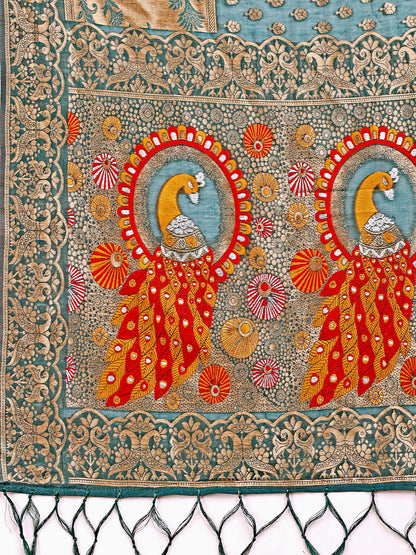 Majestic Green Linen Cotton Saree with Royal Peacock Pallu – A Celebration of Heritage and Grace