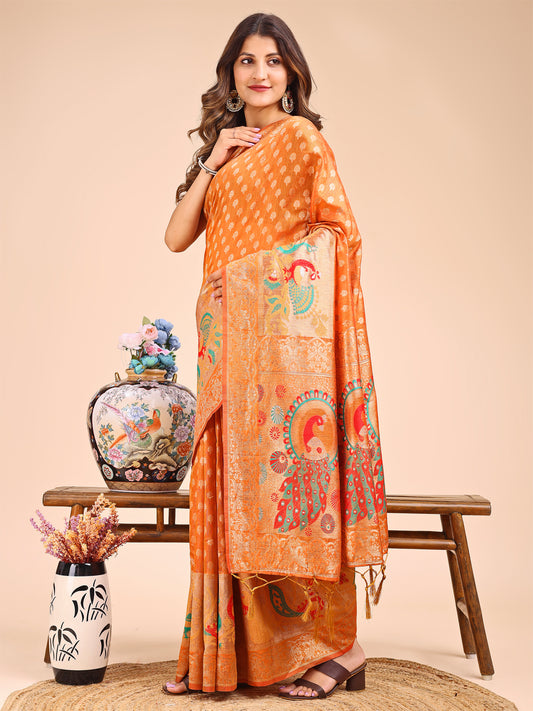 Majestic Mustrad Linen Cotton Saree with Royal Peacock Pallu – A Celebration of Heritage and Grace