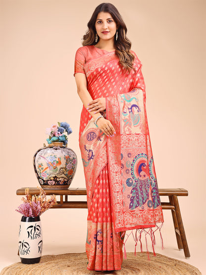 Majestic Peach Linen Cotton Saree with Royal Peacock Pallu – A Celebration of Heritage and Grace