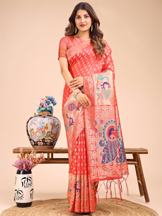 Majestic Peach Linen Cotton Saree with Royal Peacock Pallu – A Celebration of Heritage and Grace