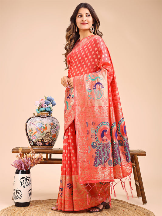 Majestic Peach Linen Cotton Saree with Royal Peacock Pallu – A Celebration of Heritage and Grace