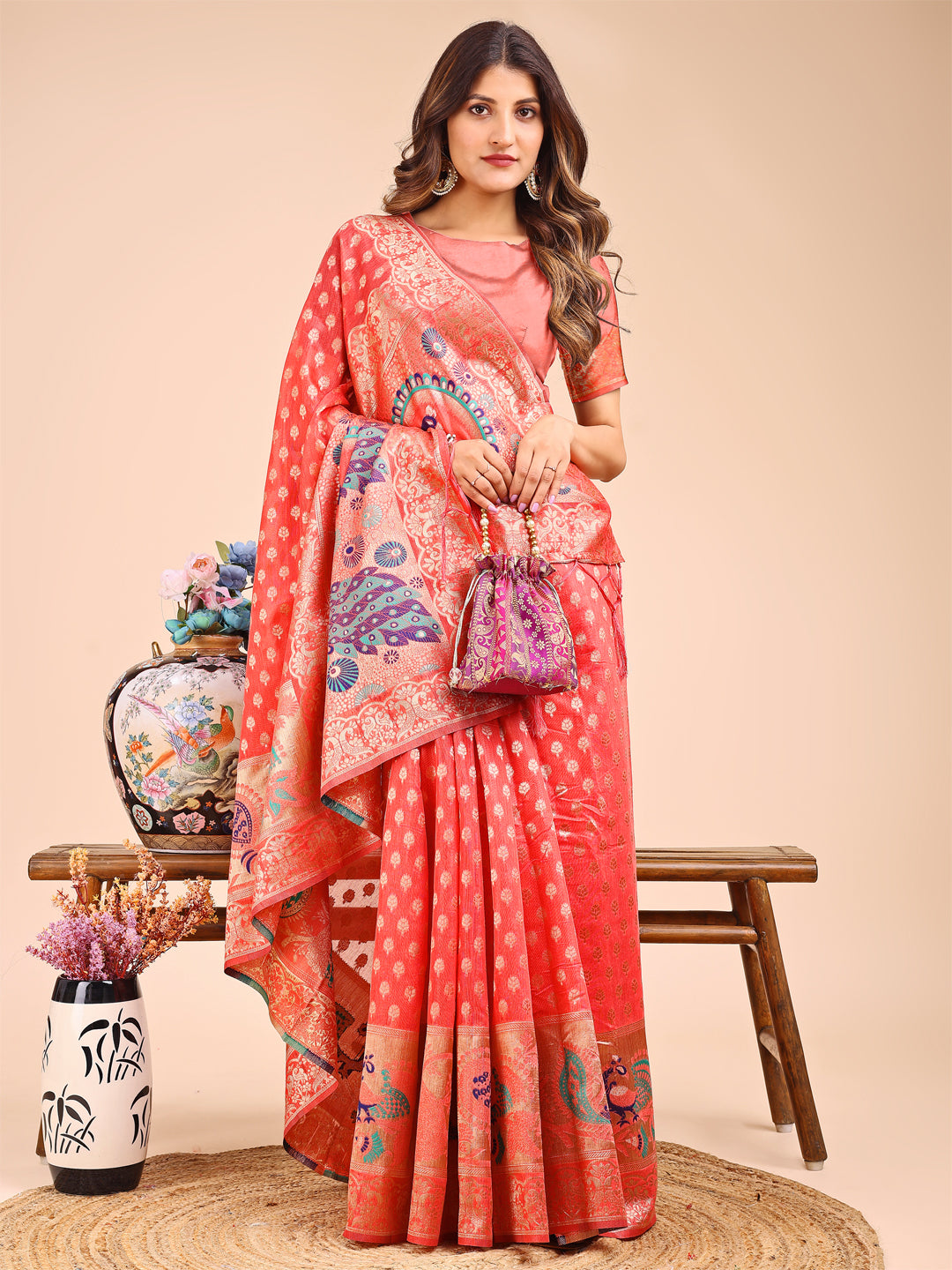Majestic Peach Linen Cotton Saree with Royal Peacock Pallu – A Celebration of Heritage and Grace
