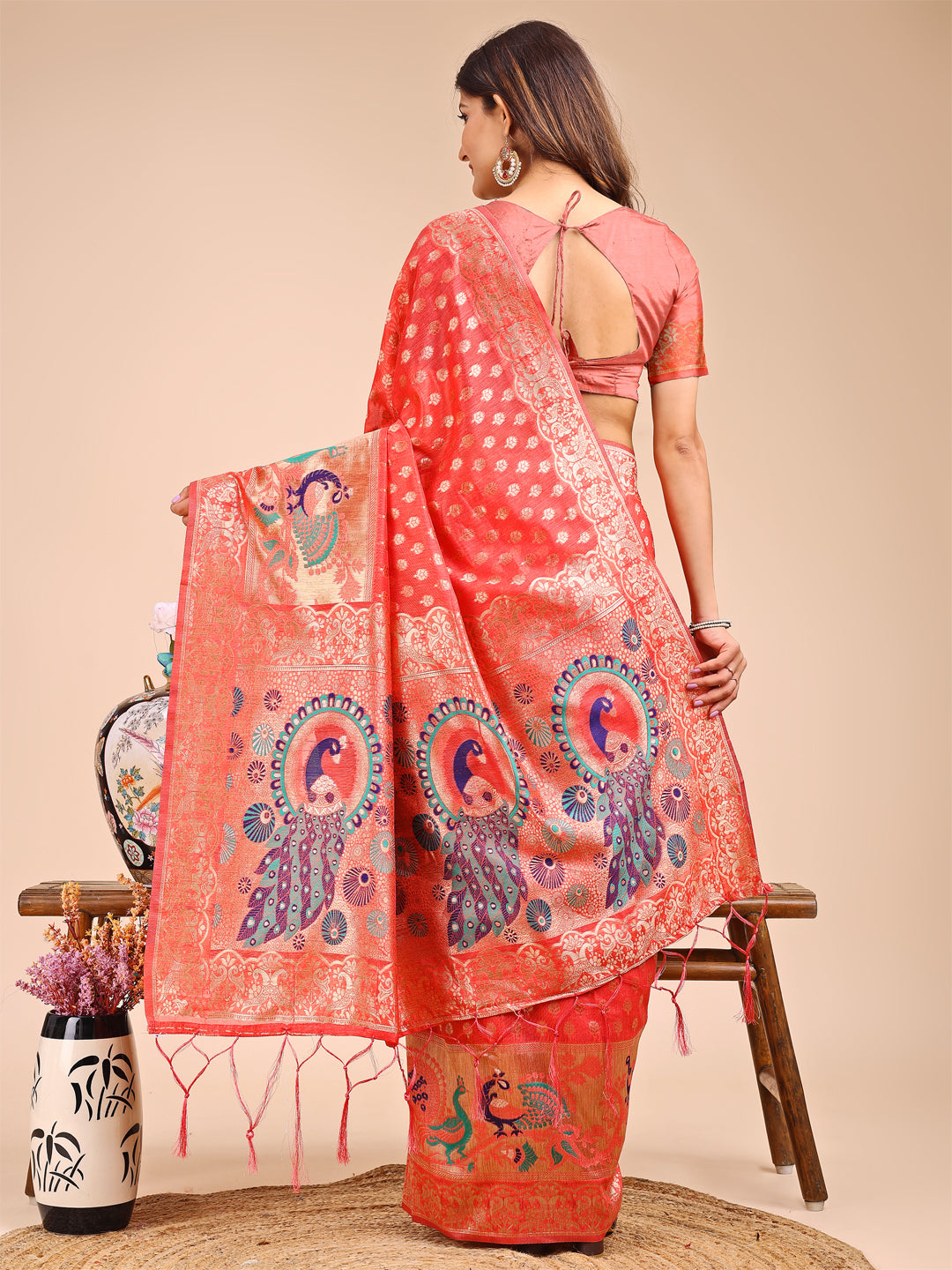 Majestic Peach Linen Cotton Saree with Royal Peacock Pallu – A Celebration of Heritage and Grace