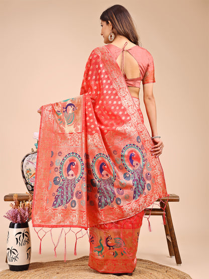 Majestic Peach Linen Cotton Saree with Royal Peacock Pallu – A Celebration of Heritage and Grace