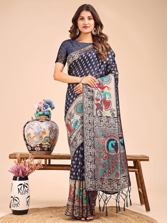 Majestic Navy Blue Linen Cotton Saree with Royal Peacock Pallu – A Celebration of Heritage and Grace