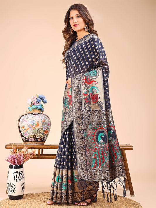 Majestic Navy Blue Linen Cotton Saree with Royal Peacock Pallu – A Celebration of Heritage and Grace