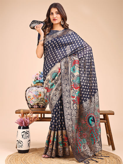 Majestic Navy Blue Linen Cotton Saree with Royal Peacock Pallu – A Celebration of Heritage and Grace