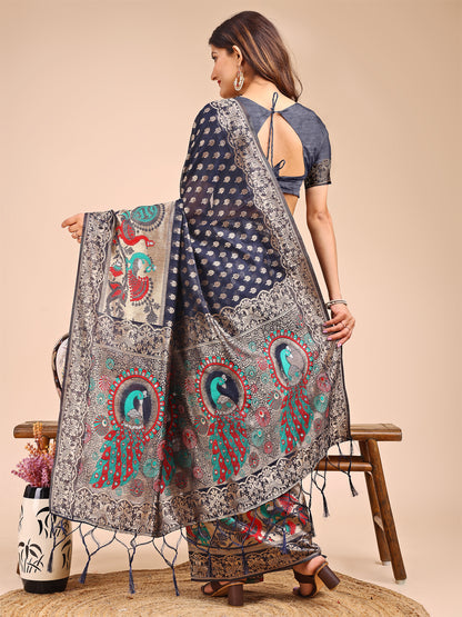 Majestic Navy Blue Linen Cotton Saree with Royal Peacock Pallu – A Celebration of Heritage and Grace