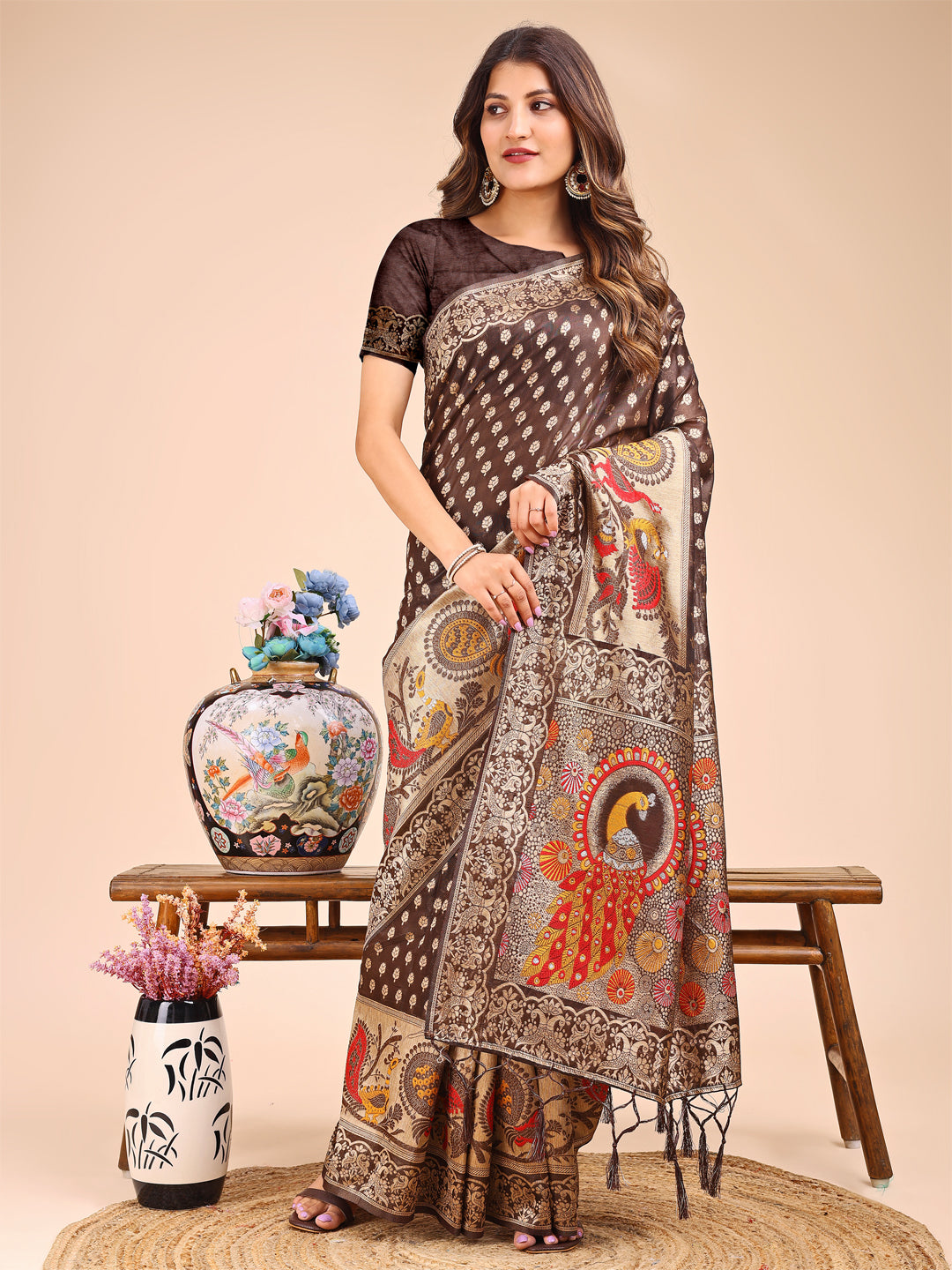 Majestic Brown Linen Cotton Saree with Royal Peacock Pallu – A Celebration of Heritage and Grace