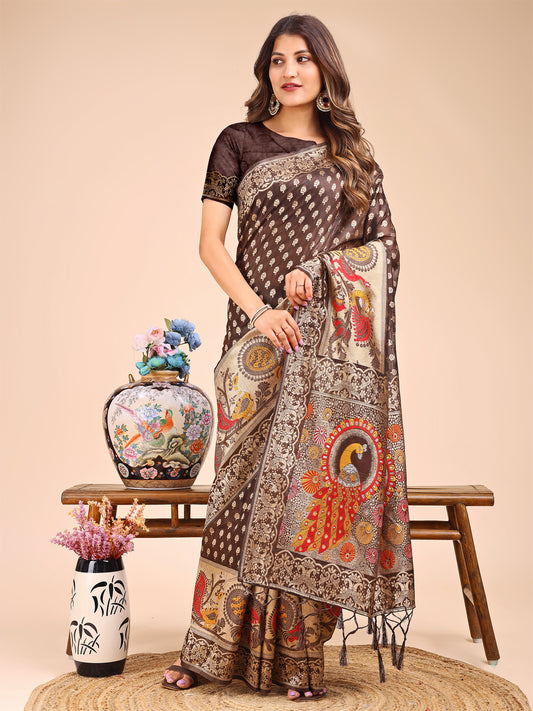 Majestic Brown Linen Cotton Saree with Royal Peacock Pallu – A Celebration of Heritage and Grace
