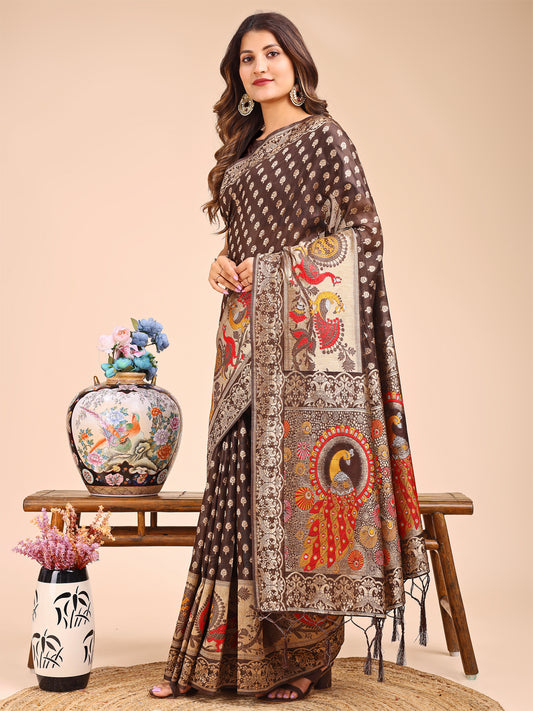 Majestic Brown Linen Cotton Saree with Royal Peacock Pallu – A Celebration of Heritage and Grace