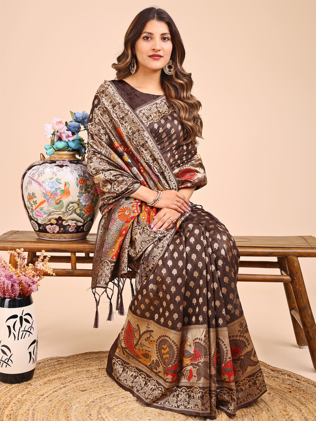 Majestic Brown Linen Cotton Saree with Royal Peacock Pallu – A Celebration of Heritage and Grace