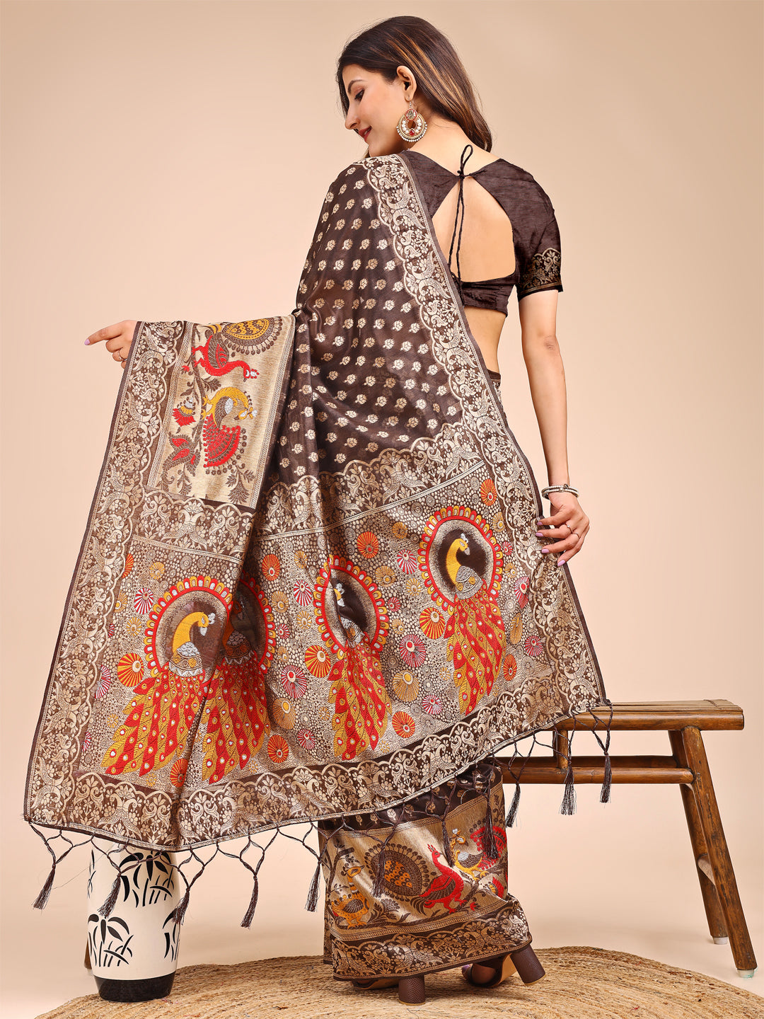 Majestic Brown Linen Cotton Saree with Royal Peacock Pallu – A Celebration of Heritage and Grace