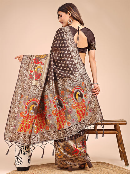 Majestic Brown Linen Cotton Saree with Royal Peacock Pallu – A Celebration of Heritage and Grace