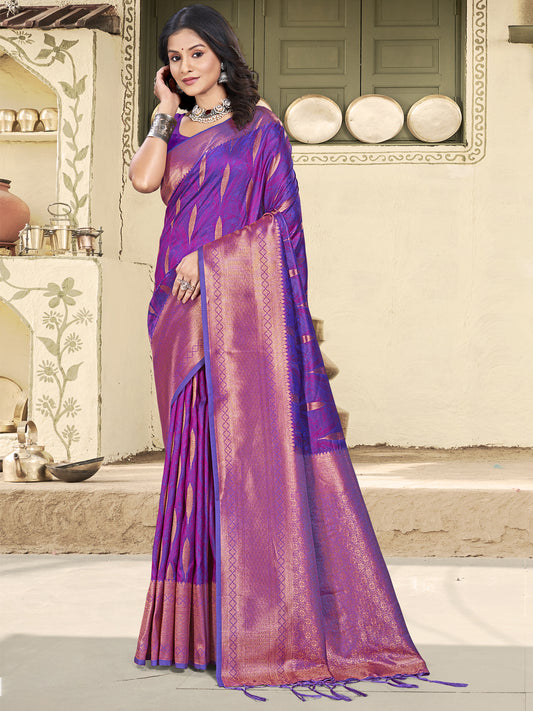 Astita Purple Linen Cotton Saree with Golden Zari Leaf Woven Design & Rich Pallu – Festive Wear | Office Look | Soft Drape