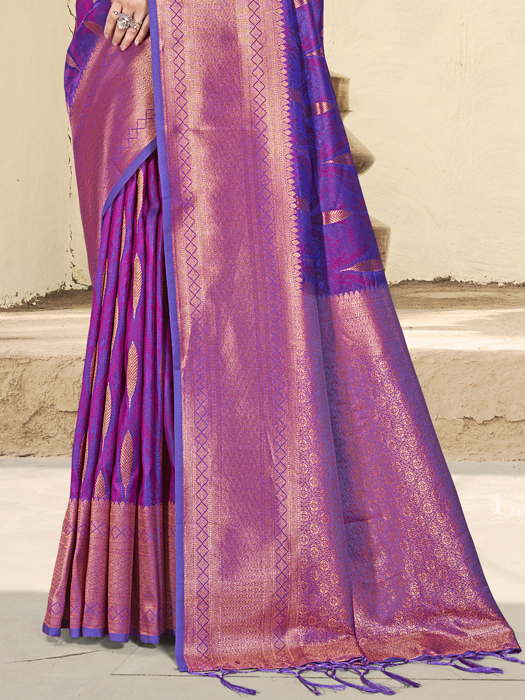 Astita Purple Linen Cotton Saree with Golden Zari Leaf Woven Design & Rich Pallu – Festive Wear | Office Look | Soft Drape
