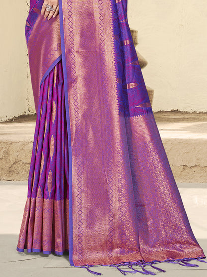 Astita Purple Linen Cotton Saree with Golden Zari Leaf Woven Design & Rich Pallu – Festive Wear | Office Look | Soft Drape