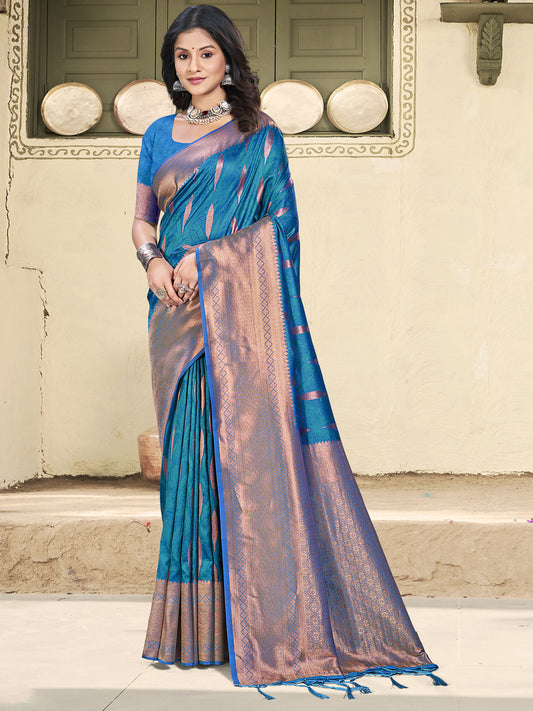 Astita Blue Linen Cotton Saree with Golden Zari Leaf Woven Design & Rich Pallu – Festive Wear | Office Look | Soft Drape