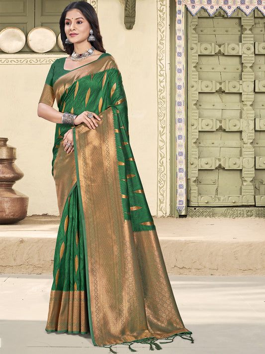 Astita Green Linen Cotton Saree with Golden Zari Leaf Woven Design & Rich Pallu – Festive Wear | Office Look | Soft Drape