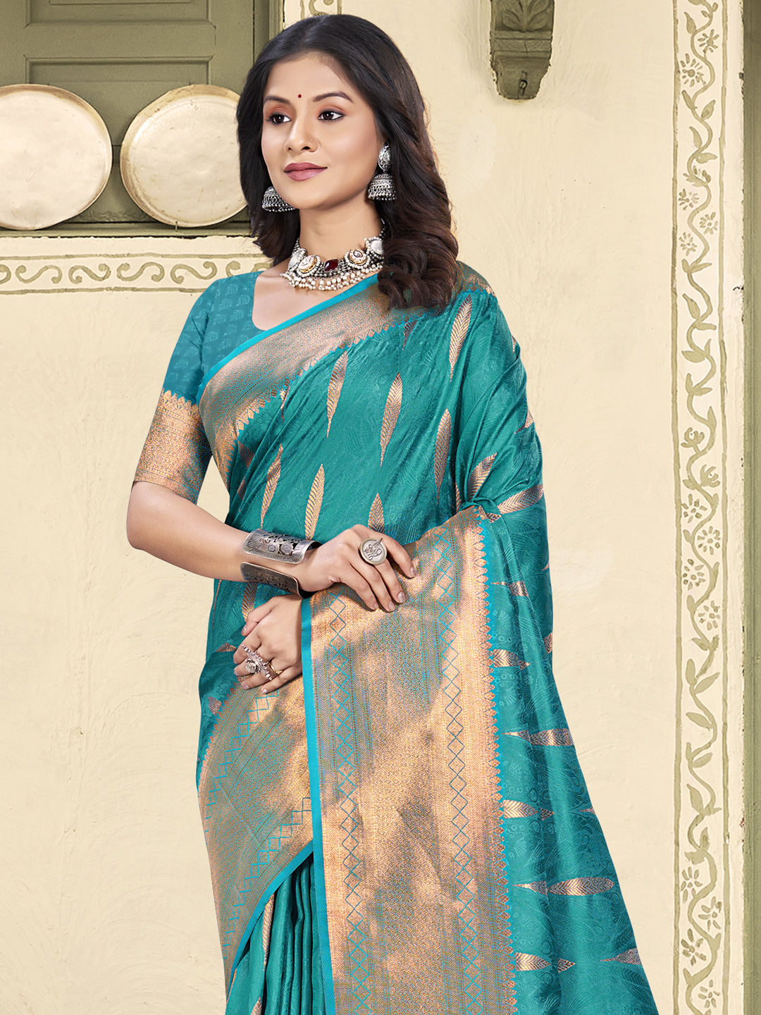 Astita Sky Blue Linen Cotton Saree with Golden Zari Leaf Woven Design & Rich Pallu – Festive Wear | Office Look | Soft Drape