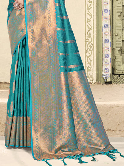 Astita Sky Blue Linen Cotton Saree with Golden Zari Leaf Woven Design & Rich Pallu – Festive Wear | Office Look | Soft Drape