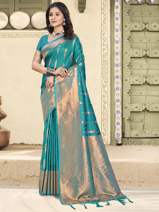 Astita Sky Blue Linen Cotton Saree with Golden Zari Leaf Woven Design & Rich Pallu – Festive Wear | Office Look | Soft Drape