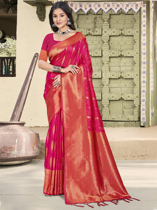 Astita Pink Linen Cotton Saree with Golden Zari Leaf Woven Design & Rich Pallu – Festive Wear | Office Look | Soft Drape
