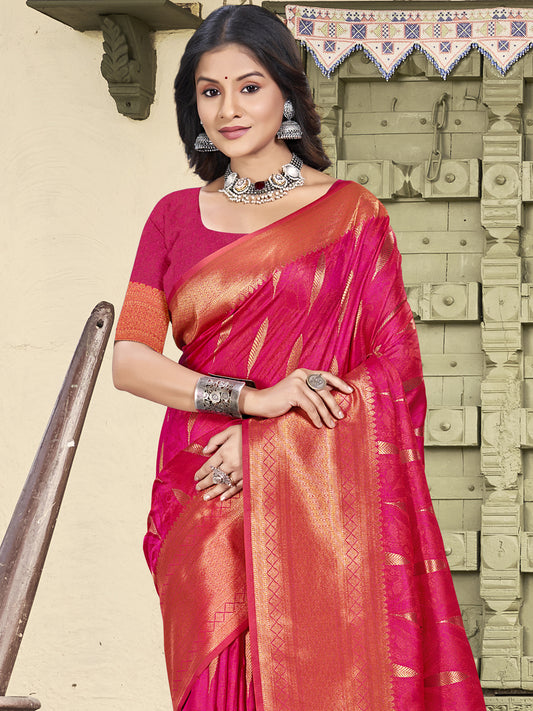 Astita Pink Linen Cotton Saree with Golden Zari Leaf Woven Design & Rich Pallu – Festive Wear | Office Look | Soft Drape