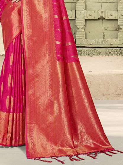 Astita Pink Linen Cotton Saree with Golden Zari Leaf Woven Design & Rich Pallu – Festive Wear | Office Look | Soft Drape