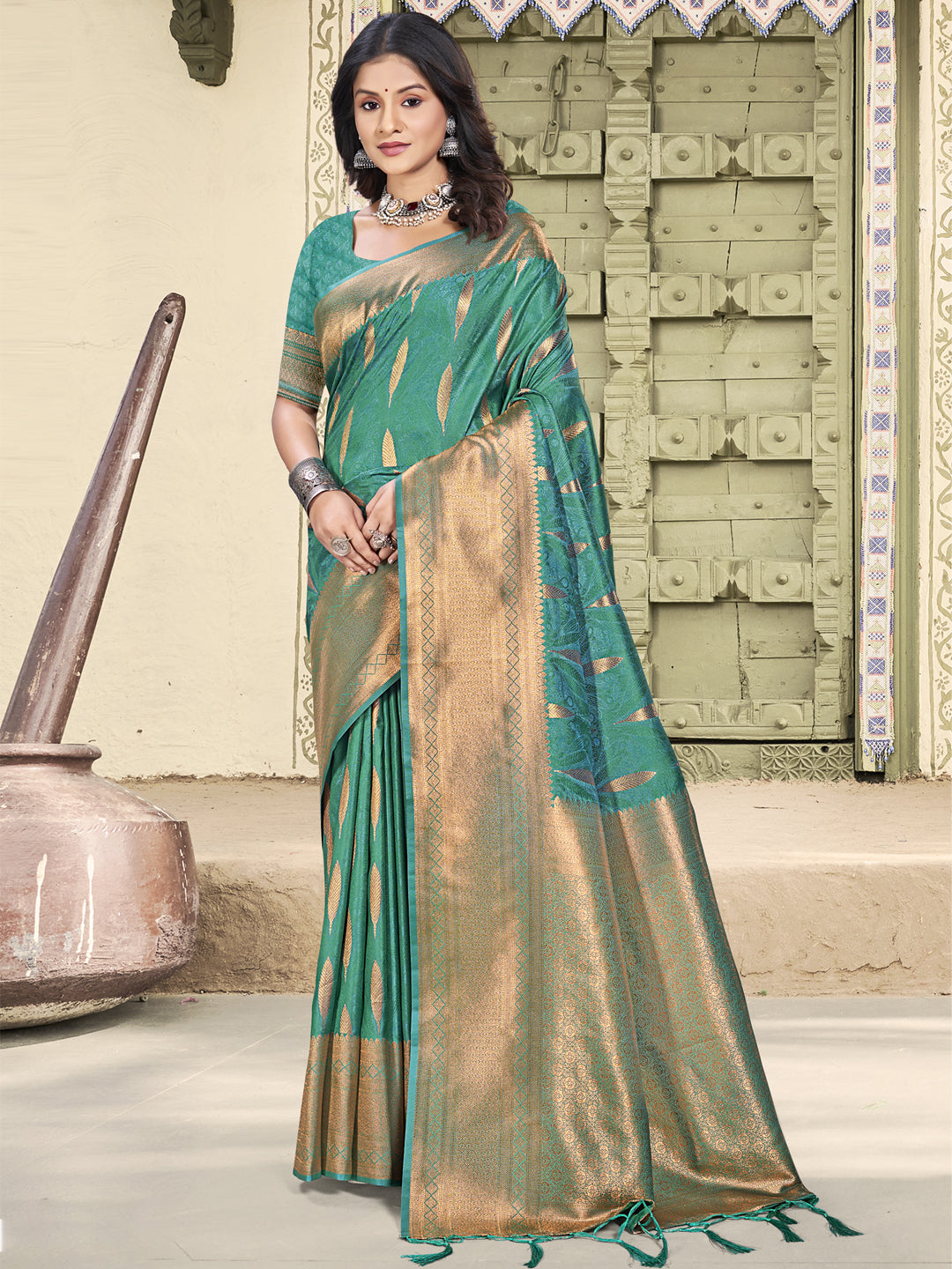 Astita Teal Blue Linen Cotton Saree with Golden Zari Leaf Woven Design & Rich Pallu – Festive Wear | Office Look | Soft Drape