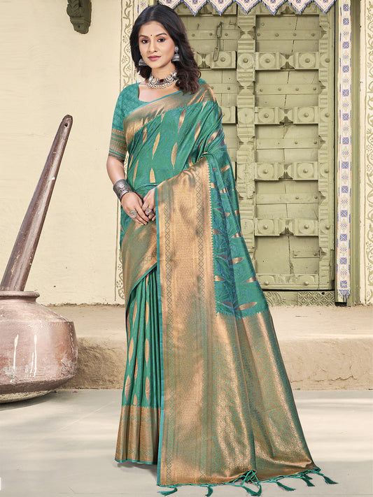 Astita Teal Blue Linen Cotton Saree with Golden Zari Leaf Woven Design & Rich Pallu – Festive Wear | Office Look | Soft Drape