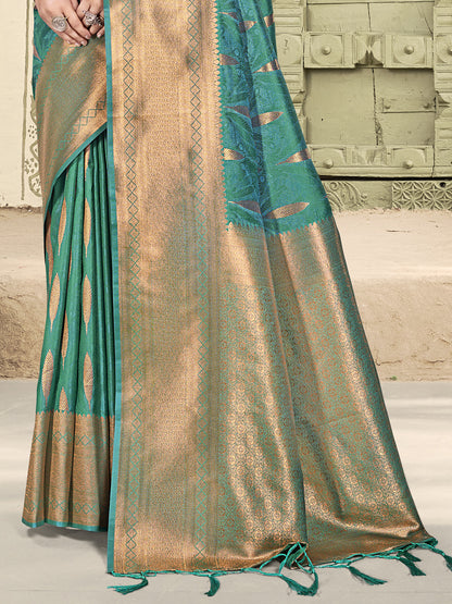 Astita Teal Blue Linen Cotton Saree with Golden Zari Leaf Woven Design & Rich Pallu – Festive Wear | Office Look | Soft Drape