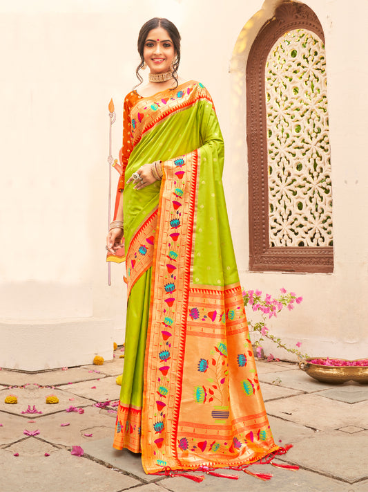 Astita Majestic Light Green Paithani Silk Saree with Royal Floral Zari Pallu | Pure Festive & Bridal Edition
