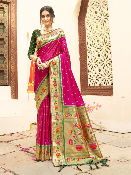 Astita Majestic Magenta Paithani Silk Saree with Royal Floral Zari Pallu | Pure Festive & Bridal Edition