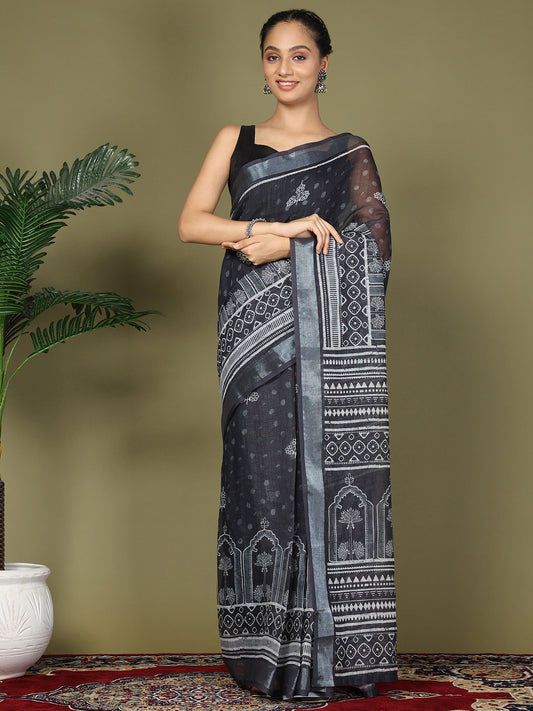 Astita Black Printed Cotton Ready-to-Wear Saree with Pocket & Inner Lining | Comfortable Daily & Office Wear Saree for Women