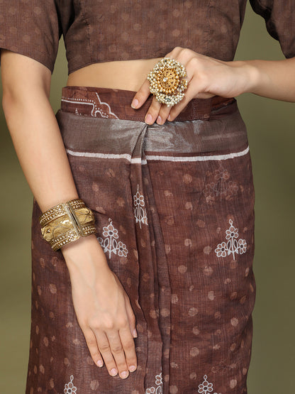 Astita Brown Printed Cotton Ready-to-Wear Saree with Pocket & Inner Lining | Comfortable Daily & Office Wear Saree for Women