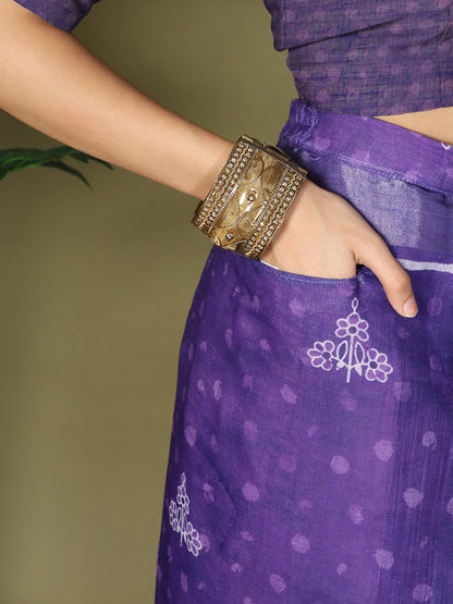 Astita Violet Printed Cotton Ready-to-Wear Saree with Pocket & Inner Lining | Comfortable Daily & Office Wear Saree for Women