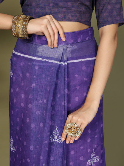 Astita Violet Printed Cotton Ready-to-Wear Saree with Pocket & Inner Lining | Comfortable Daily & Office Wear Saree for Women
