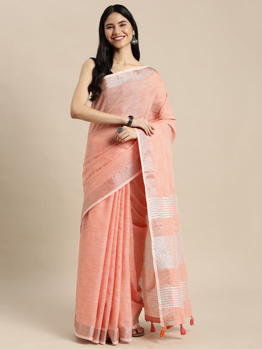 Peach Woven Linen Blend Saree with Silver Zari Border and Tassels