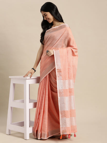 Peach Woven Linen Blend Saree with Silver Zari Border and Tassels