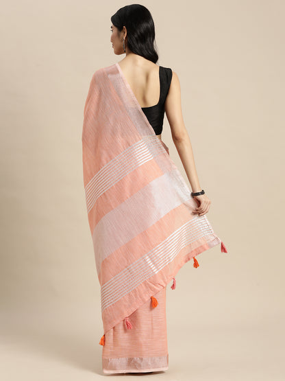 Peach Woven Linen Blend Saree with Silver Zari Border and Tassels
